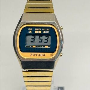 Vintage FUTURA LCD Digital Watch Gold Tone Running New Battery Time Date Only
